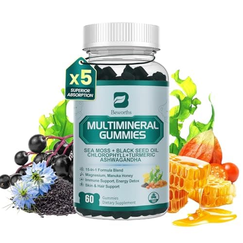 Sea Moss Gummies with Ashwagandha & Chlorophyll, Immune, Digestive and Gut Detox Support, Powered by Black Seed Oil, Vitamin C, Vitamin D & Magnesium, GMO, Vegan, Apple Flavor, 60 SeaMoss Gummies - Image 1