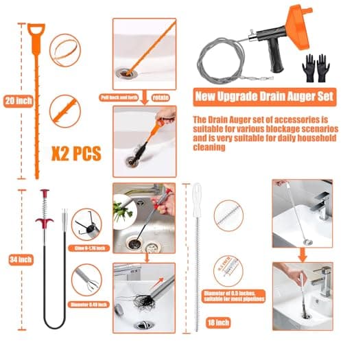 33 Feet Drain Snake Auger, Plumbing Snake Drain Hair Clog Removal Tool, Sink Unclogger Drain, Heavy Duty Toilet Snake Auger, Cleaner Tool for Bathroom Kitchen Tub Shower Drain Clog Remover with Gloves - Thumbnail 5