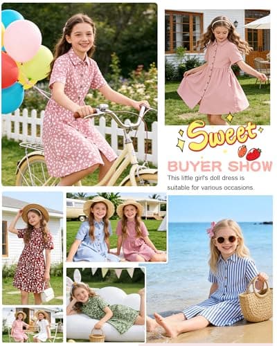 Girl's Summer Short Sleeve Loose Babydoll Dress Casual Kids Button Down Mini Sundresses with Pockets 2026 Black White Plaid 11-12 - Thumbnail 6