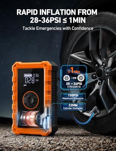 AstroAI S8 Air Jump Starter with Air Compressor, 3000A Peak Car Battery Jump Starter Portable (9.0 Gas/6.5L Diesel) with 150PSI Cordless Auto-Shutoff Tire Inflator, 12V Battery Charger Booster(Orange) - Thumbnail 3
