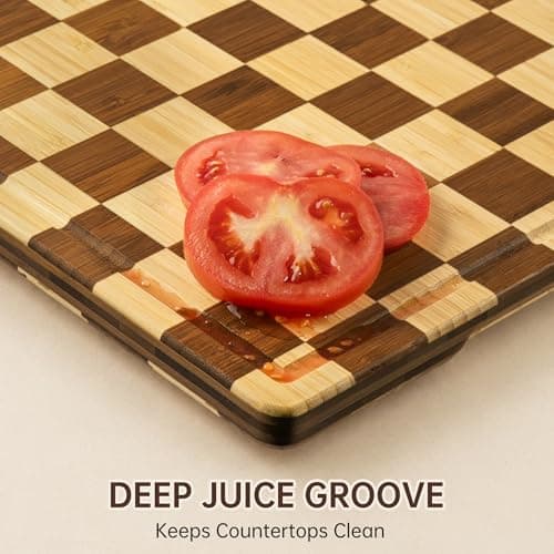THETCHRY Checkered Bamboo Cutting Board, Thick End-Grain Wood Cutting Boards for the Kitchen, Chopping Boards with Juice Groove, Non-Slip, Durable & Crack-Resistant, Perfect Gifts 16.5” x 11.6” x 0.8” - Thumbnail 5