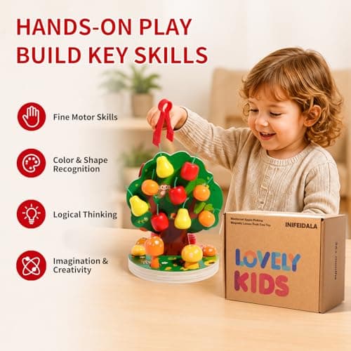 INIFEIDALA Montessori Toys for 3 4 5 6 Year Old - Wooden Educational Toy for Toddlers,Shape Sorting Puzzle for Fine Motor Skills,Apple Picking Magnetic Tree Toy,Hand-Eye Coordination,Color Recognition - Thumbnail 2