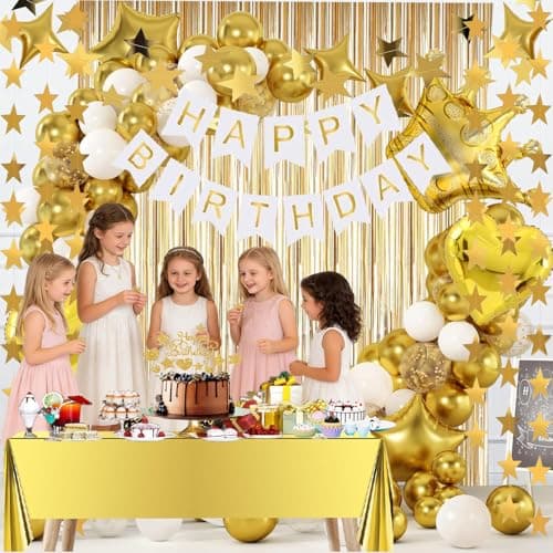 Gold Birthday Decorations Set – Happy Birthday Banner, Star Garland, Crown Foil Balloon, Fringe Curtain Backdrop, Table Cover, Cake Topper, Confetti &Latex Balloons for Boys Girls Men Women Party - Thumbnail 2