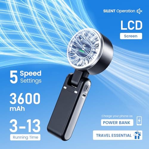 AWOAWO Portable Handheld Fan, 5 Gear Wind, Battery Operated, Up to 13 Working Hours, Mini Personal Hand Fan Blow Cold Air for Travel, Beach, Vacation & Outdoor Activities (Black) - Thumbnail 4