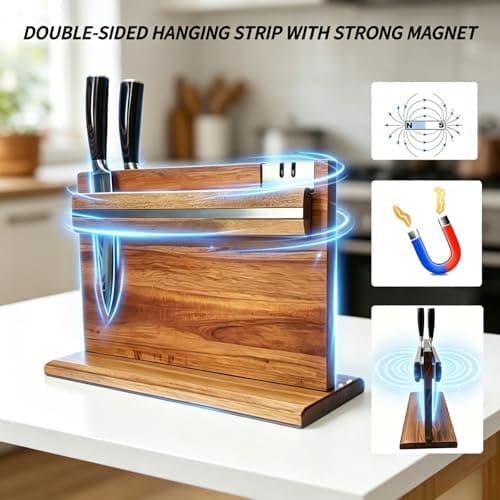 Magnetic knife holder with sharpener，Wooden strong magnet knife board，Magnetic knife holder with a large storage capacity,Storage Rack Organizer Tools No Drilling - Thumbnail 2