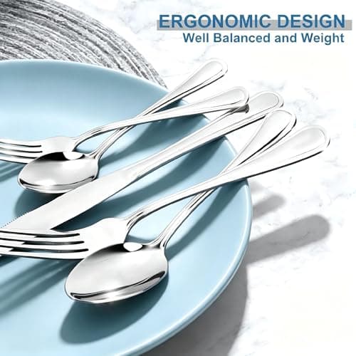 48-Piece Stainless Steel Silverware Set for 8, Mirror Polished Flatware Set with Steak Knives, Silver Cutlery Set for Home, Kitchen & Restaurant Use, Dishwasher Safe - Thumbnail 5