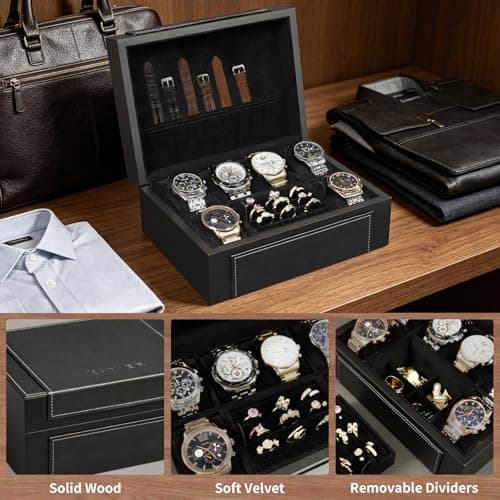 KAMIER Watch Box for Men, 6-Slot High End Wooden Watch Case with Jewelry Organizer, Watch Box Holder Organizer for Men Women, Watch Storage Box with Soft Velvet Pillows, Ideal for Gift - Thumbnail 5