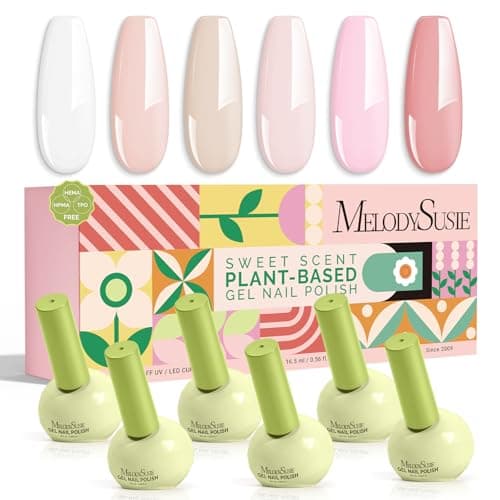 MelodySusie Highly Pigmented Gel Nail Polish Set, 0.56 fl.oz Tilt-and-Stand Bottle, HEMA Free Plant-Based Formula, 6 Colors Pink Nude, Soak Off UV LED Manicure Kit Gift Box(White Baby Pink)