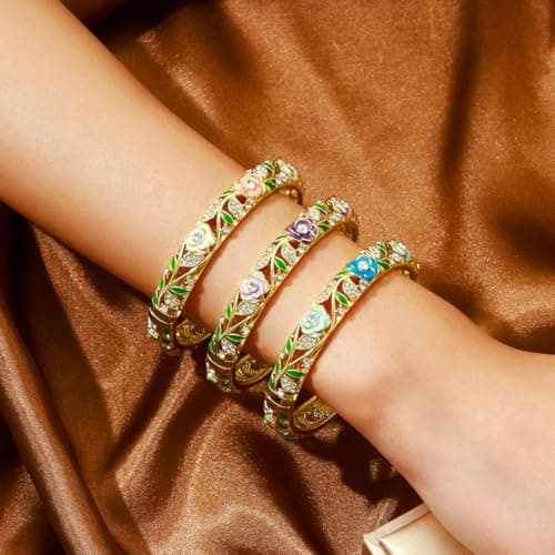 FIVESWEET Trendy 18K Gold Plated Bangle Bracelets Set for Women, Enamel Craft Jewelry-Floral Element , Retro Fashion Palace Style, Zinc Alloy with Rhinestones, 2.4Inch Diameter Fits Most Adults, Perfect Jewelry Gift Idea for Her, Girlfriend, Wife, Mom, Sister, Lover on Birthday, Christmas, Valentine's Day, Mother's Day (3, 3PCS-Floral-Rose) - Thumbnail 4