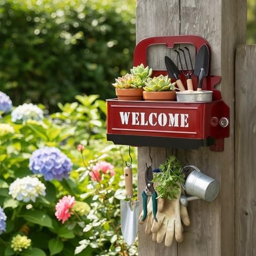 Truck Farmhouse Key Rack & Rustic Metal Wall Planter,Wall Mounted Flower Pot with Hooks, Hanging Plant Holder & Entryway Organizer for Indoor Outdoor Garden, Patio, Balcony, Farmhouse Decor (Red) - Thumbnail 4