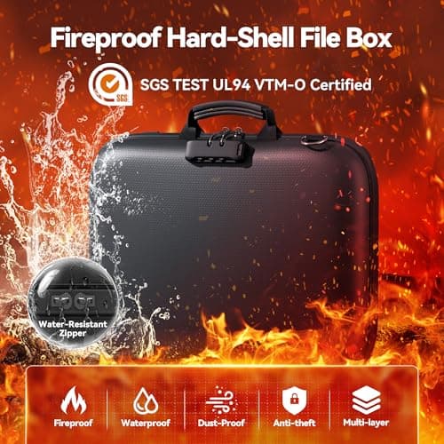 Nacial Fireproof Document Box with Lock & Shoulder Strap, Hard-Shell Fireproof File Organizer with 13 Pocket Accordion File Folder, Portable Safe Storage for Important Documents, Laptop, Black - Thumbnail 2