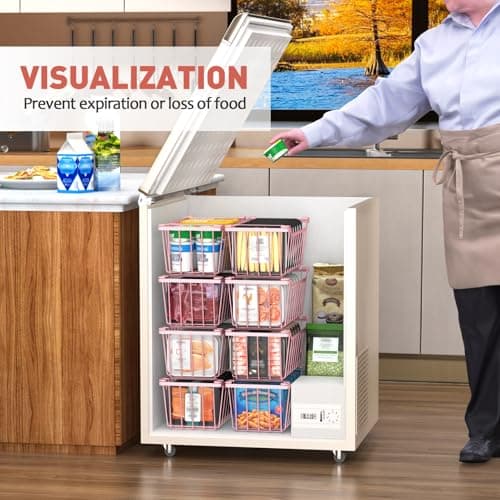 Goovilla Freezer Organizer Bins with Foldable Handle, 4 Pack Stackable Freezer Baskets for 3.5-7 Cu.FT Deep Chest Freezer Organization, Pink Metal Freezer Storage Bins with Better Space Utilization - Thumbnail 5
