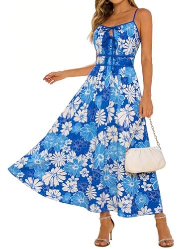 GRACE KARIN 2026 Women's Summer Maxi Floral Dress, Spaghetti Strap Tie Front Boho Sundress with Pockets, Blue White M - Image 1