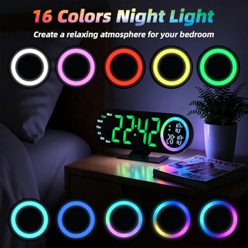 Digital Alarm Clocks with 16 Night Light, Loud Alarm Clock for Heavy Sleepers Adults Teens Kids Seniors, 3 Brightness 2 Alarm Mirror and LED Big Display Clocks for Bedside, Desk, Bedrooms Living Room - Thumbnail 2