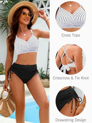 GKBK Womens High Waisted Bikini Sets Drawstring Tummy Control Swimsuits Crisscross Tie Back Bathing Suit Stripe Black S - Thumbnail 5