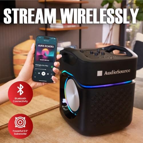 AudioSource 2.1 Channel Party Speaker with Built-in Subwoofer, 160W, RGB Light Modes, Portable Outdoor Karaoke Speaker, Bluetooth 5.3, Dual Mic Inputs, Ultra Bass Boost, Matte Black, AP40 - Thumbnail 6