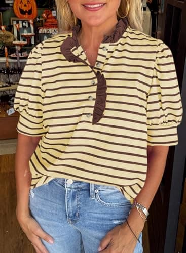 BLENCOT Womens Tops Puff Short Sleeve Striped Shirts Buttons V Neck Summer Blouses Dressy Casual Fashion Clothes Yellow L - Thumbnail 3