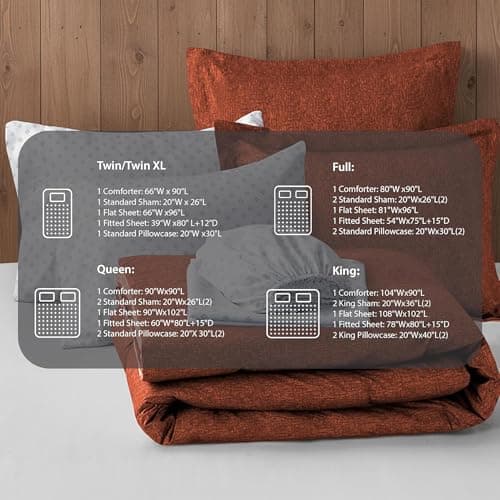 Regency Heights Full Size Comforter Set, Lightweight 7 Pieces Burnt Orange Bed in a Bag All Season Chambray Print Bedding Set Ultra Soft Comforter, Farmhouse Sheets, Pillowcase & Sham - Thumbnail 6