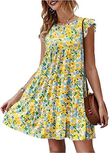 KIRUNDO Women's Casual Summer Dresses 2026 Ruffle Sleeveless Boho Floral Mini Beach Party Hawaiian Round Neck Loose Short Flowy Pleated Babydoll Dress, Floral3-white Yellow, Medium - Image 1