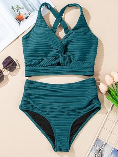 Herseas Women's Plus Size Bikini Sets 2026 Summer Flattering High Waisted Bathing Suits Twisted Front V Neck Top Textured Sexy Swimsuits Blackish Green Cruise Essentials XX-Large - Thumbnail 3