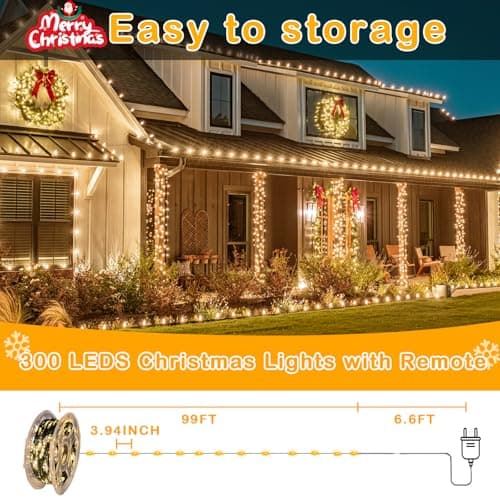 Decute 300LED 99FT Christmas Tree String Lights Green Wire Dimmable with Remote Control, UL Listed Plug in Fairy Starry Lights Decorative for Christmas Tree Party Wedding Indoor Outdoor Warm White - Thumbnail 2