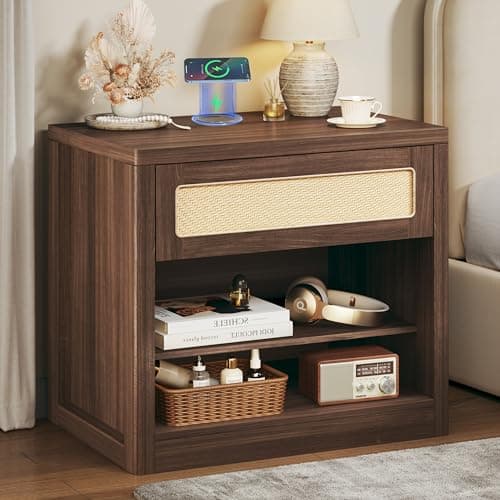 HUAHUU Wide Nightstand Set of 2, 26" Mid Century Modern Wooden Night Stand, Rustic Bedside Table with Rattan Drawer, Large Side End Table with Wireless Charging, Vintage Storage, Walnut - Thumbnail 3