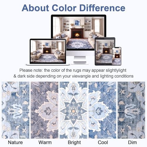 YBYX 10x14 Area Rugs for Living Room, Machine Washable Boho Vintage Rug, Waterproof Surface & Non-Slip Backing, Foldable Soft Low Pile Floral Medallion Carpet for Bedroom Dining Room - Thumbnail 4