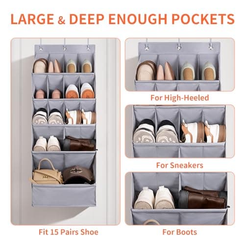 FENTEC 1 Pack Over-the-Door-Shoe-Organizers, Hanging Organizers with Large Pocket Shoe Holder Hanging Shoe Rack for Closet Shoe Organizer for Wall, Over Door Organizer with 15 Pockets Gray - Thumbnail 4