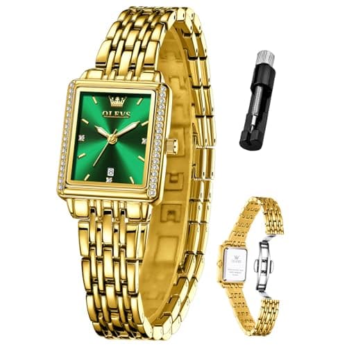 OLEVS Watch Women Gold Watches for Women Rectangle Green Face Waterproof Stainless Steel Small Wrist Womens Watch Dainty Elegant Analog Quartz Ladies Watches Reloj para Mujer - Image 1