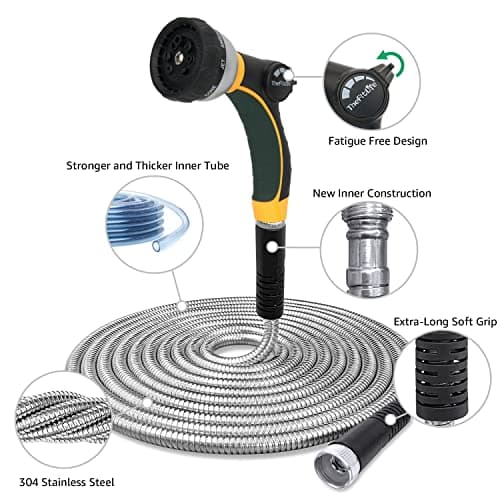 TheFitLife Flexible Metal Garden Hose - Upgrade Leak and Fray Resistant Design, Stainless Steel Water Hose with Solid Fittings and Sprayer Nozzle, Lightweight Kink Free Durable Easy Storage (75 FT) - Thumbnail 2