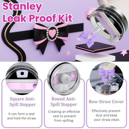 MOTEERLLU 6pcs Purple Stanley Cup Accessories Set,Bow Straw Cover for Stanley Cup 30oz 40oz, Including Straw Topper,Spill Proof Stopper,Sparkly Silicone Boot Set,Handle Charm,Initials Sticker (M) - Thumbnail 4