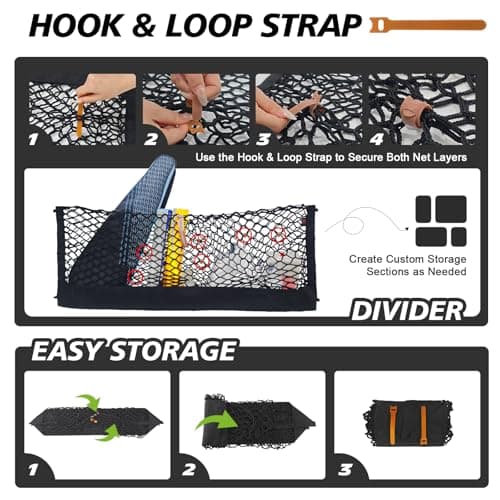 Muslogy Truck Bed Cargo Net Trunk Netting Compatible with 2024-2026 GMC Acadia | Chevy Traverse | 2025+ Buick Enclave Accessories, Pickup Cargo Organizer SUV Sedan Storage Net w/Heavy Duty Carabiners - Thumbnail 6