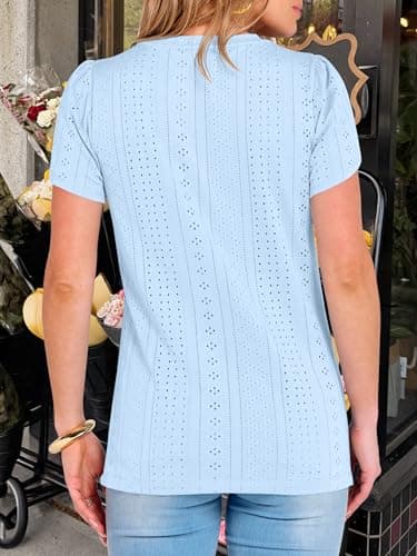 ANRABESS Womens Tops Summer Eyelet Petal Short Sleeve T Shirts Dressy Casual Blouses Ladies Basic Tees 2026 Spring Clothes Sky Blue X-Large - Thumbnail 5