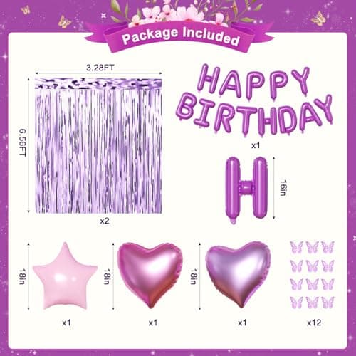 Purple Pink Birthday Decorations, Metallic Magenta Purple Lavender Balloons Confetti Foil Balloons Happy birthday Banner Butterfly Fringe Curtains Birthday Decorations for Women Teens Girls - Thumbnail 6