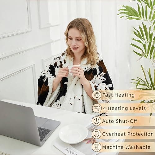 Heated Electric Blanket Shawl Cow Print Wearable Heated Blanket with Hood & Pocket, Winter Gifts for Adults, Soft Heating Blanket Throw with 4 Heat Levels & Auto Shut-Off, Cow Print, 50" x 64" - Thumbnail 5