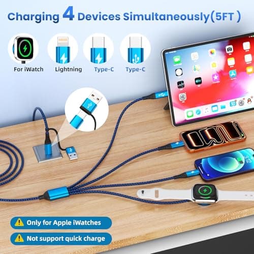 Jogrytece Multi Charging Cable with Dual Type-C Ports, 4 in 2 USB A/C Charing Cord for iWatch Charger/iPhone Charger/L Port, 5FT 2Pack iWatch Cable Travel Essentials for iWatch/iPhone 17-11/Android - Thumbnail 2