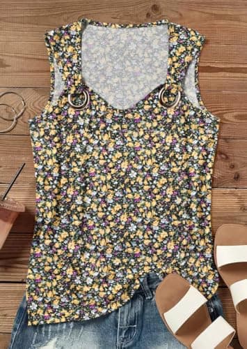 ONLYSTORY Women Tank Tops Loose Fit Dressy Casual Summer Cute Sleeveless Shirts Floral Black Yellow L - Thumbnail 2