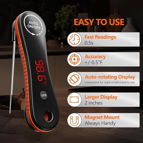 Meat Thermometer Digital - Paysean Instant Read Meat Thermometer with Auto Rotating Backlit Display, IP67 Waterproof for Cooking, Grilling, BBQ, Candy (Deep Black) - Thumbnail 3