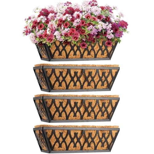Karlliu 4 Pack 16 Inch Window Boxes Planters Railing Planter Box with Coco Liners Deck Railing Planter Boxes Balcony Hanging Flower Box for Outdoor Plants Garden Decor - Thumbnail 5