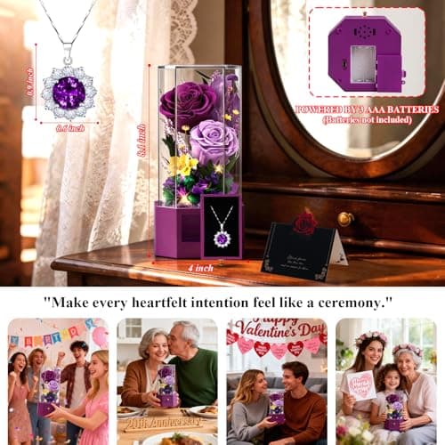 Vryblos Forever Rose with Necklace Purple Preserved Rose Eternal Flower for Delivery Gift for Women Wife Girlfriend Mom Best Friend, Valentine’s Day Anniversary Birthday - Thumbnail 6
