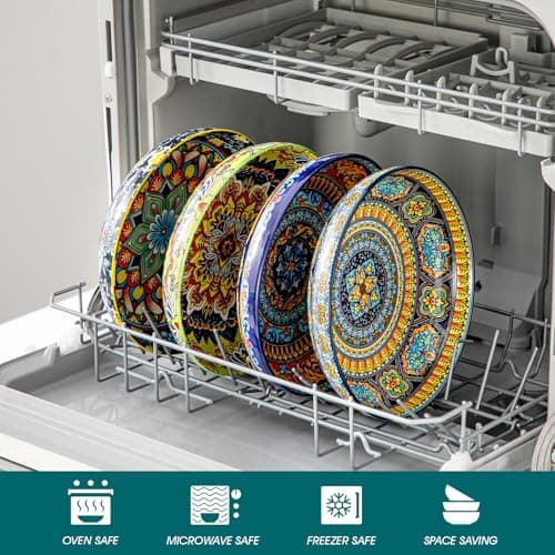 vancasso Pasta Bowls Set of 4, Ceramic Salad Serving Bowls, 42Oz Large Pasta Bowls, 8.7 in Colorful Bowl Plates for Soup, Bohemian Shallow Bowls for Kitchen, Microwave & Dishwasher Safe - Thumbnail 3