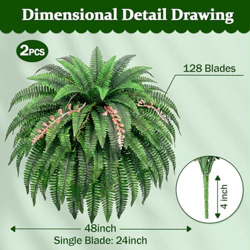 AMORISE 2PCS 48"/128Leaves Artificial Boston Fern Bush, Large Artificial Ferns for Outdoors Look Real Fake Ferns, UV Resistant Faux Outdoor Plants, Faux Fern Vines for Home and Office Decor - Thumbnail 2