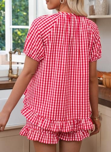 BLENCOT Maternity Pajamas Sets for Women Summer Short Sleeve Button Down Gingham Top and Shorts 2 Piece Postpartum Outfits Red Large - Thumbnail 6