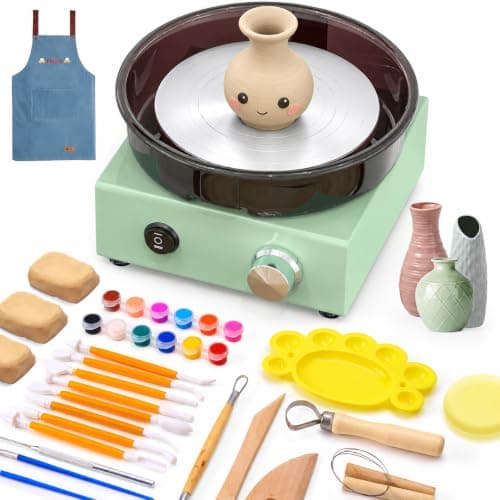 Alldeer Mini Pottery Wheel Kit - 6" Turntable Two-Way Rotation Clay Wheel, Metal Frame, Removable Splash Tray Ceramic Making Kit with 18PCS Sculpting Tools, Pottery DIY Machine for Kids and Beginners - Image 1