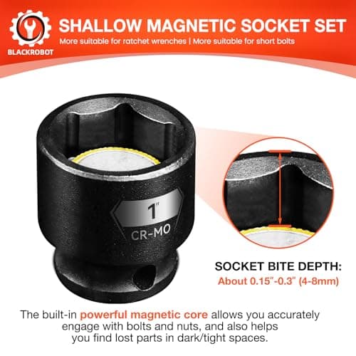 BLACKROBOT 1/2" Drive Magnetic Impact Socket Set, 10-Piece Shallow Socket Set with Storage Rail, SAE 3/8" to 1", 6-Point Magnetic Sockets, Cr-Mo Steel - Thumbnail 3