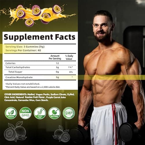 Nutravita NSF Certified Creatine Gummy - Creatine Monohydrate Gummies for Men & Women-5g of Creatine Monohydrate per Serving - Sugar Free,Vegan, Passion Fruit Flavor, 120 Count - Thumbnail 3