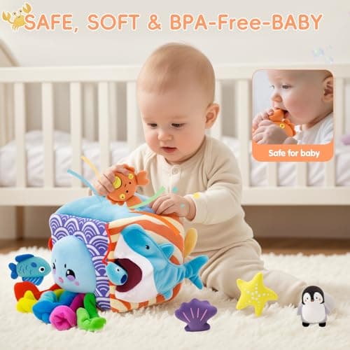 SAIMAND Baby Toys 6-12 Months–Mystery Soft Box with 5 Plush Marine Animals,Rattle,Crinkle Paper & Mirror–Montessori Sensory Toys for 6 Month Old Babies 1-3 Year Old Boy Girl Birthday - Thumbnail 6