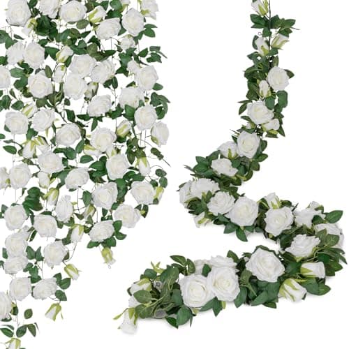 U'Artlines 3 Pack Artificial White Rose Vines Floral Garlands Total 19.5 Ft Fake Vine Silk Flower Garland for Indoor Outdoor Home Wedding Arch Garden Wall Decoration - Image 1