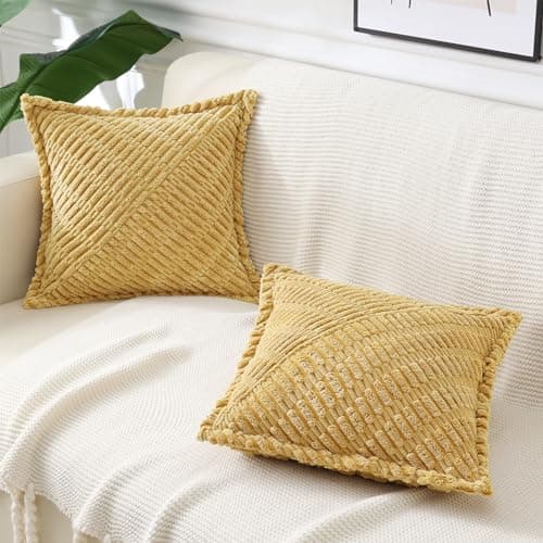 decorUhome Decorative Mustard Yellow Throw Pillow Covers 26x26 Set of 2 with Splicing, Boho Soft Corduroy Broadside Twill Spring Pillow Covers for Couch Bed Sofa Living Room - Thumbnail 4