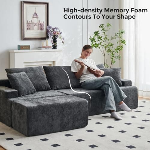 Ayovoch 90.6" Sectional Boneless Couches, Modern L-Shape Cloud Couch with Chaise, Memory Foam Modular Sectional Sofas for Living Room, Sofa in A Box, No Assembly Required (Grey, Left Facing Chaise) - Thumbnail 3